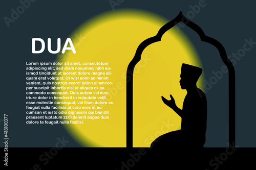 Silhouette muslim man pray with make dua with blurring glowing moon background. photo