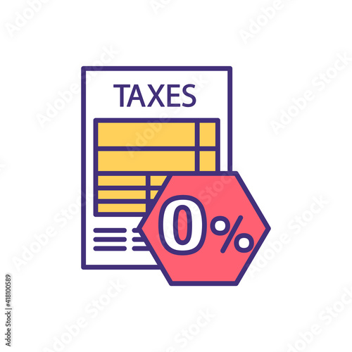 Zero percent tax rate RGB color icon. Taxable income. Zero-rated goods and services. Duty-free shopping. Affordable price. Tax free. Purchasing items with tax-free paying. Isolated vector illustration