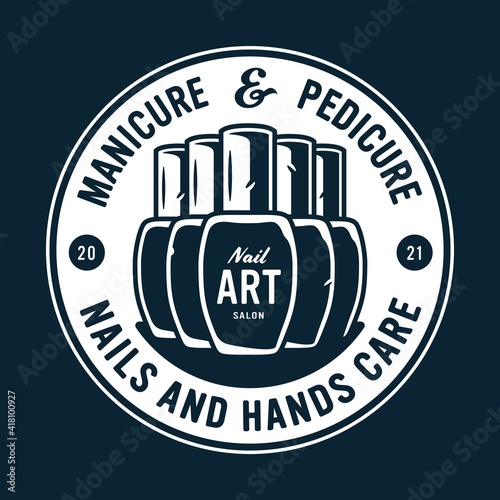 Manicure polish or varnish in bottle with brush for nail bar and beauty salon. Emblem for fingernail studio or logo of manicurist service
