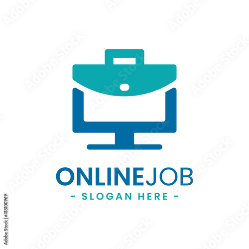 Online job logo design template. Suitcase icon with computer combination. Creative concept of digital find job.
