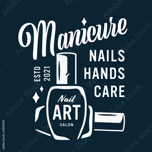 Manicure polish or varnish in bottle with brush for nail bar and beauty salon. Emblem for fingernail studio or logo of manicurist service