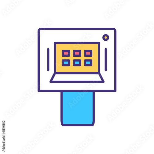 Self-service check-in kiosk RGB color icon. Airport checkpoint. Check-in process. Flight information confirmation. Printing boarding pass, bag tag. Getting e-ticket. Isolated vector illustration