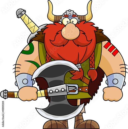 Muscular Viking Cartoon Character Holding A Big Axe. Vector Illustration Isolated On Transparent Background