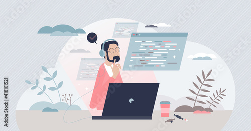 Coder geek script typing expert for software development tiny person concept