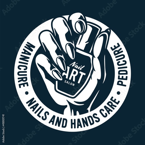 Emblem for beauty studio. Woman wrist with varnish. Female hand with manicure polish for nail bar. Fashion, trendy style of fingernail