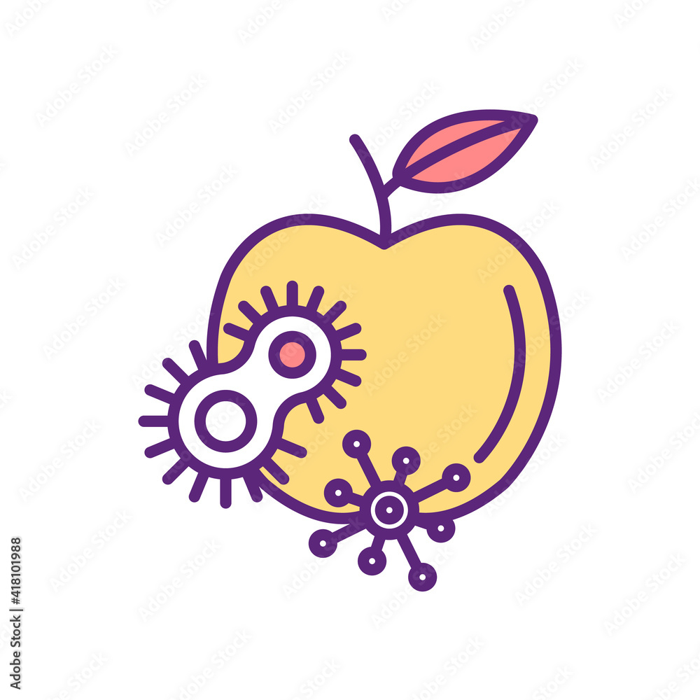Dirty food RGB color icon. Contaminated fruits and vegetables. Foodborne diseases risk. Food poisoning. Poor hygiene. Public health safety. Microbial contamination. Isolated vector illustration Dirty food RGB color icon. Contaminated fruits and vegetables. Foodborne diseases risk. Food poisoning. Poor hygiene. Public health safety. Microbial contamination. Isolated vector illustration