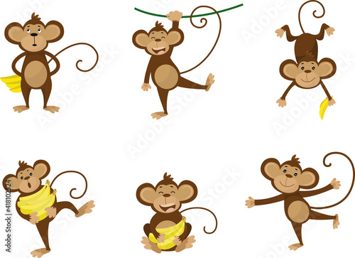 Collection of monkey in different poses with banana