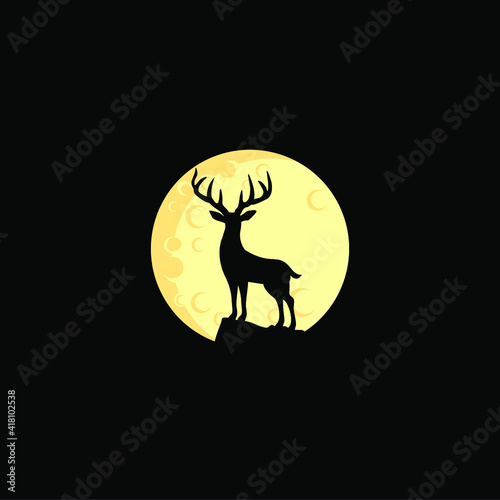 Vector silhouette of deer on moon background. Symbol of night.