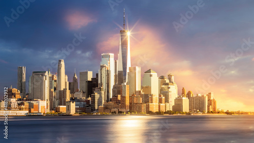 a magnificent view of Lower Manhattan and the financial district at sunset, New York City © maramas