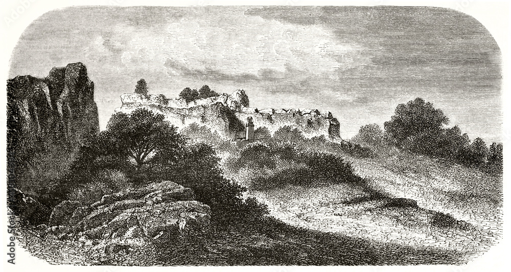 Badami, India. Little town surrounded by sandstone cliff and nature. Ancient grey tone etching style art by De Bar, Magasin Pittoresque, 1838