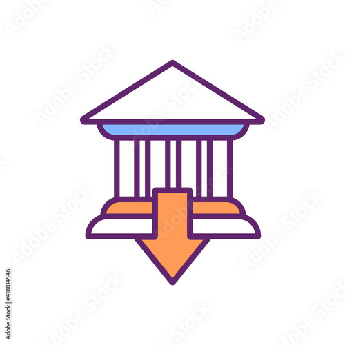 Bank failure RGB color icon. Bankruptcy. Risk for financial system. Broken bank. Business debts. Restructuring, liquidation. Overwhelming debt. Negative impact on credit. Isolated vector illustration photo