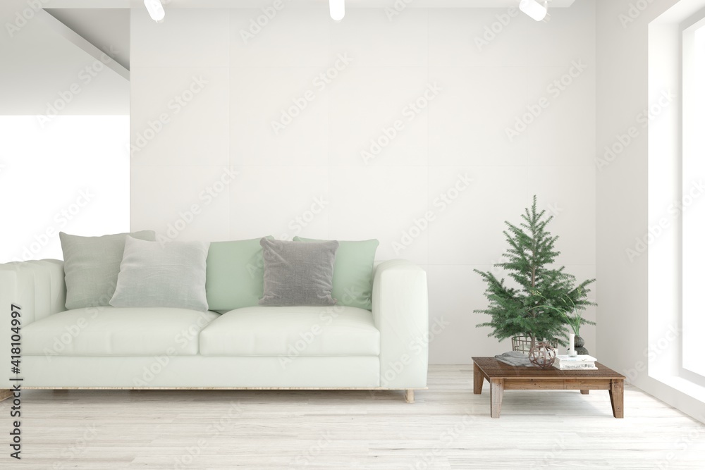White living room with sofa. Scandinavian interior design. 3D illustration White living room with sofa. Scandinavian interior design. 3D illustration