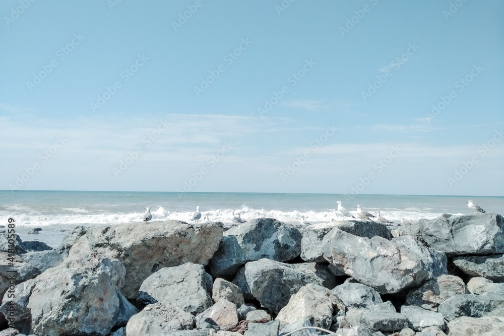 Light blue natural rocky beach in Batumi, Georgia. View from the rocky sea calm, seagulls on stones and water