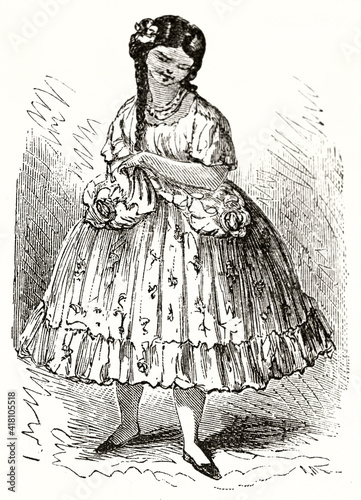 peruvian Chola (laundress). young south american lady full body displayed in traditional long bell skirt. Ancient grey tone etching style art by Riou, Magasin Pittoresque, 1838 photo