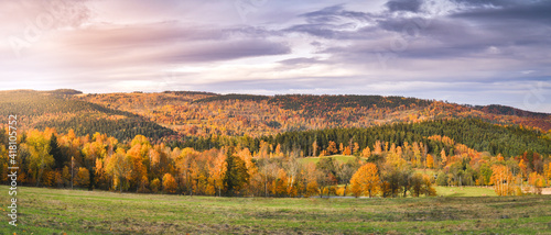 Fototapeta Naklejka Na Ścianę i Meble -  Colorful and bright autumn forest, mountains panorama.