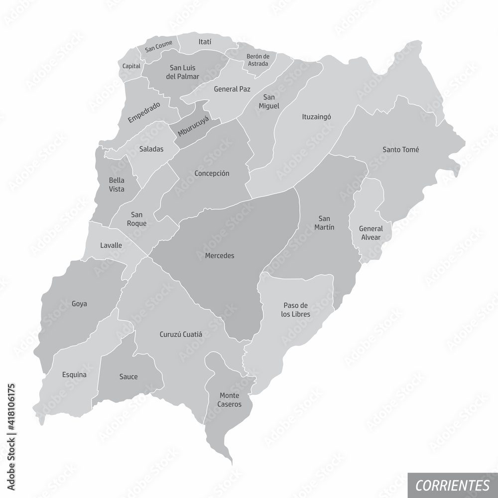 The Corrientes province isolated map divided in departments with labels, Argentina