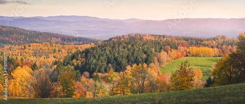 Colorful and bright autumn forest, mountains panorama.