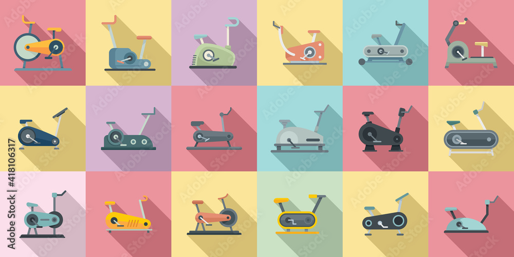 Exercise bike icons set. Flat set of exercise bike vector icons for web design