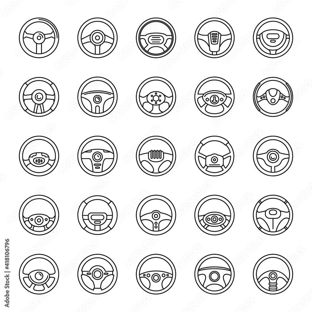 Part car steering wheel icons set. Outline set of part car steering wheel vector icons for web design isolated on white background Part car steering wheel icons set. Outline set of part car steering wheel vector icons for web design isolated on white background
