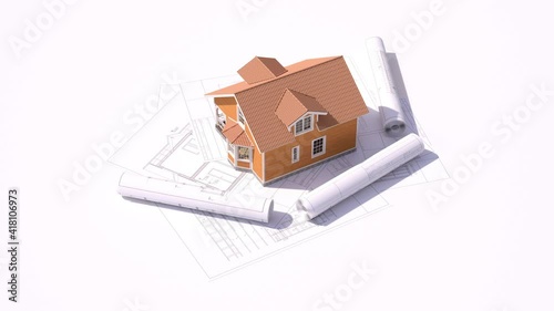 A three-dimensional model of a classic frame house. The concept for the construction of a country house. A camera loop animation around the house in the background of the blueprints. 