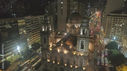 Night aerial Rio de Janeiro cityscape of Candelaria Church towards President Vargas Avenue photo