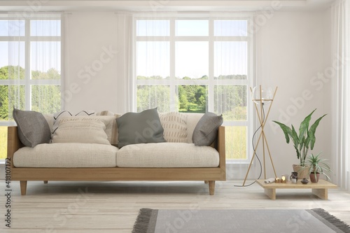 White living room with sofa and summer landscape in window. Scandinavian interior design. 3D illustration