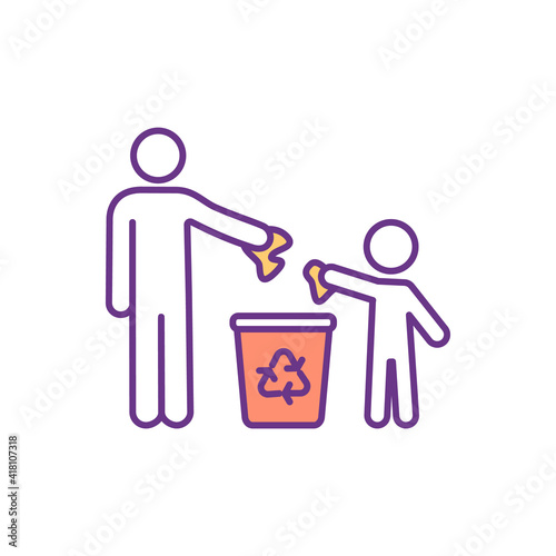 Throwing garbage properly RGB color icon. Waste segregation. Recycling, collection, processing. Waste management. Garbage dispose. Re-used and recycled materials. Isolated vector illustration