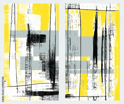 Birch diptych, rough artistic paint strokes on canvas. Modern oil texture set. Abstract grungy background