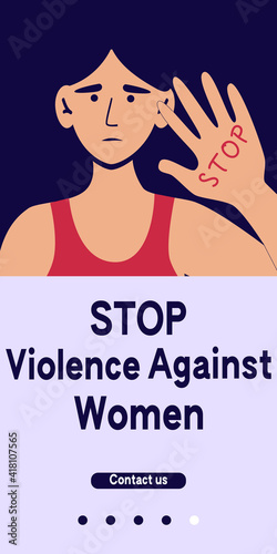 Stop domestic violence. Social issues, abuse,agression on women, harassment and bullying. Violence against woman. Mobile app, landing page, banner or brochure. Flat illustration, isolated on white.