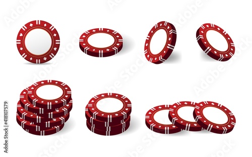 Red matte casino chips for poker or roulette. Elements to design logo, website or banner. Vector illustration.