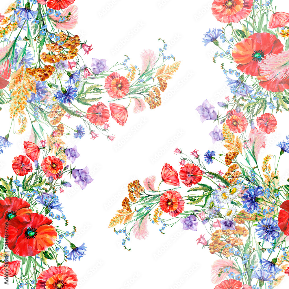 White background with meadow flowers poppy and cornflowers. Floral seamless pattern.