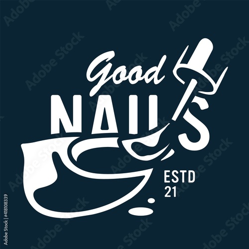 Emblem with manicure polish or varnish with brush and female finger for nail bar and beauty salon. Fingernail studio or manicurist service