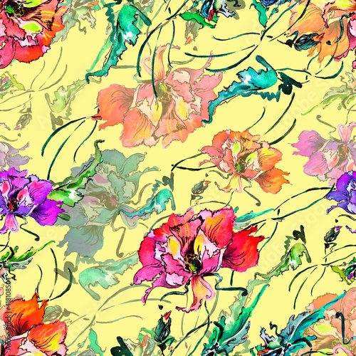 Watercolor seamless pattern with flowers poppy on yellow background.