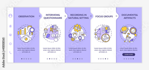 Using sources of data onboarding vector template. Responsive mobile website with icons. Method of qualitative research. Documents and artifacts. Webpage walkthrough step screens. RGB color concept