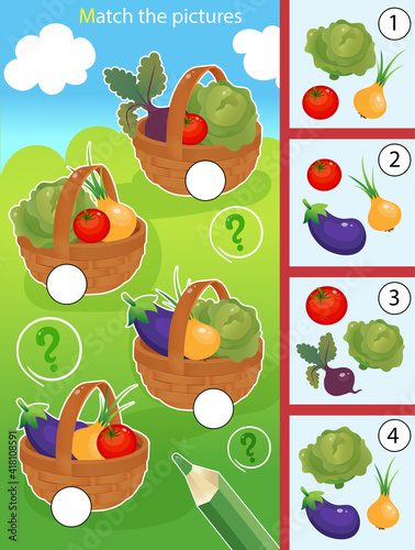 Matching game, education game for children. Puzzle for kids. Match by elements.  Baskets of vegetables. Cabbage, beetroot, tomato, onion, eggplant.