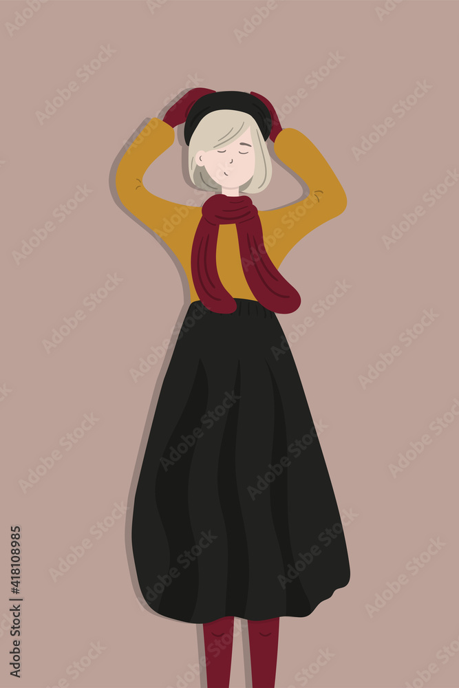 Fototapeta premium Portrait of a cute young French lady with short haircut wearing a long skirt and a scarf holding the beret on her head