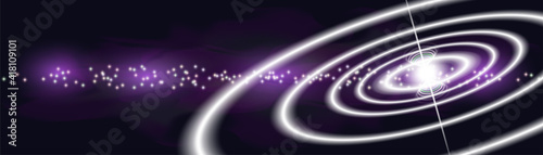 Abstract space banner. Many radiant stars against the background of a purple nebula. Large bright circles with a glow at the epicenter