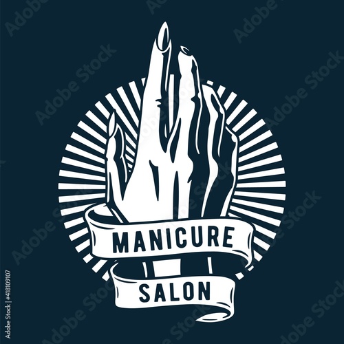 Emblem for beauty studio. Woman wrist . Female hand with fingers and ribbon for nail bar. Fashion, trendy style of fingernail