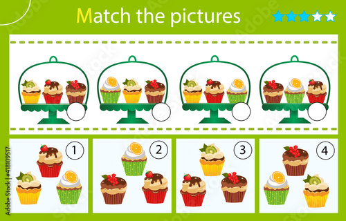 Matching game, education game for children. Puzzle for kids. Match by elements. Holiday cupcakes or muffins. Pastry and bakery. Worksheet for preschoolers
