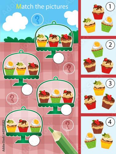 Matching game, education game for children. Puzzle for kids. Match by elements. Holiday cupcakes or muffins. Pastry and bakery. Worksheet for preschoolers