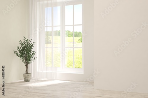 White empty room with summer landscape in window. Scandinavian interior design. 3D illustration