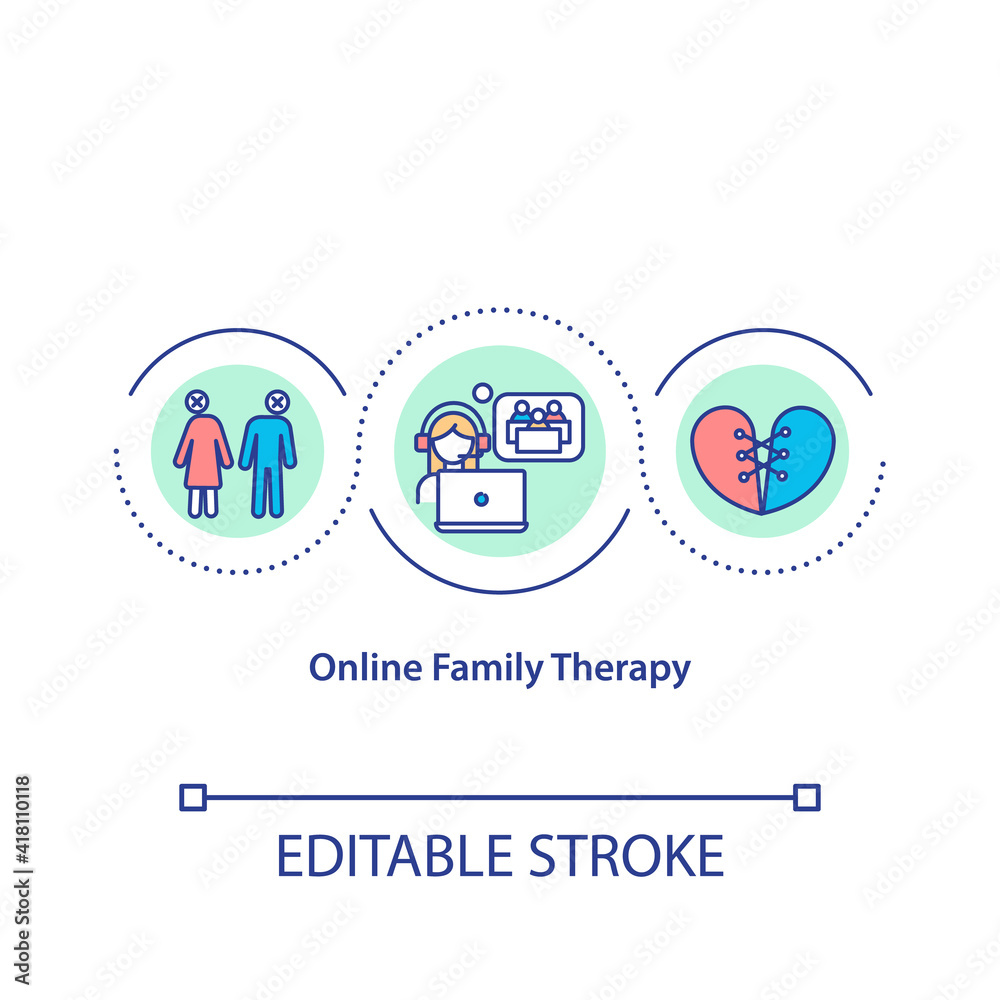 Online family therapy concept icon. Fighting with issues of conflict on isolation period idea thin line illustration. Useful crisis tool. Vector isolated outline RGB color drawing. Editable stroke