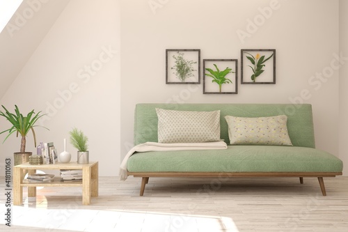 White living room with sofa. Scandinavian interior design. 3D illustration