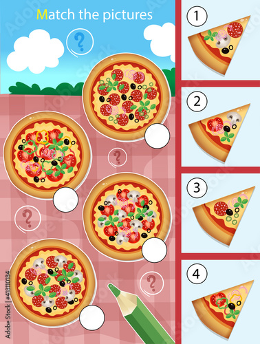 Matching game, education game for children. Puzzle for kids. Match by elements. Pizza. Worksheet for preschoolers.