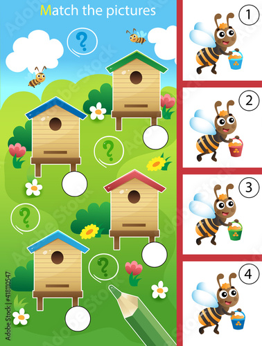 Match by color. Puzzle for kids. Matching game, education game for children. Bees and beehives. Worksheet for preschoolers