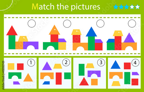 Matching game, education game for children. Puzzle for kids. Match by elements. Toy pyramids. Worksheet for preschoolers