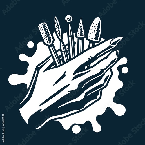 Emblem for beauty studio. Woman wrist with nailfile. Female hand with manicure an emery board for nail bar. Fashion, trendy style of fingernail