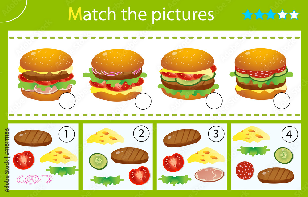 Matching game, education game for children. Puzzle for kids. Match by elements. Hamburgers or cheeseburgers with tomatoes, salami, cutlet, beef, salad and cheese. Worksheet for preschoolers Matching game, education game for children. Puzzle for kids. Match by elements. Hamburgers or cheeseburgers with tomatoes, salami, cutlet, beef, salad and cheese. Worksheet for preschoolers