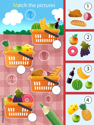Matching game, education game for children. Puzzle for kids. Match by elements. Grocery baskets or food baskets with goods. Shop and purchases. Worksheet for preschoolers