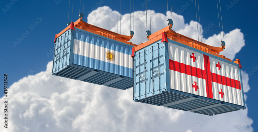 Freight containers with Georgia and Argentina flag. 3D Rendering 